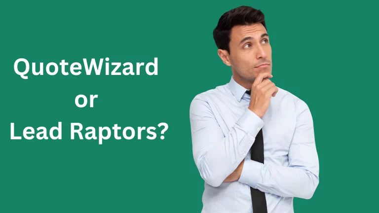 A man in a dress shirt and tie poses with his hand on his chin thinking. The text next to him says QuoteWizard or Lead Raptors.